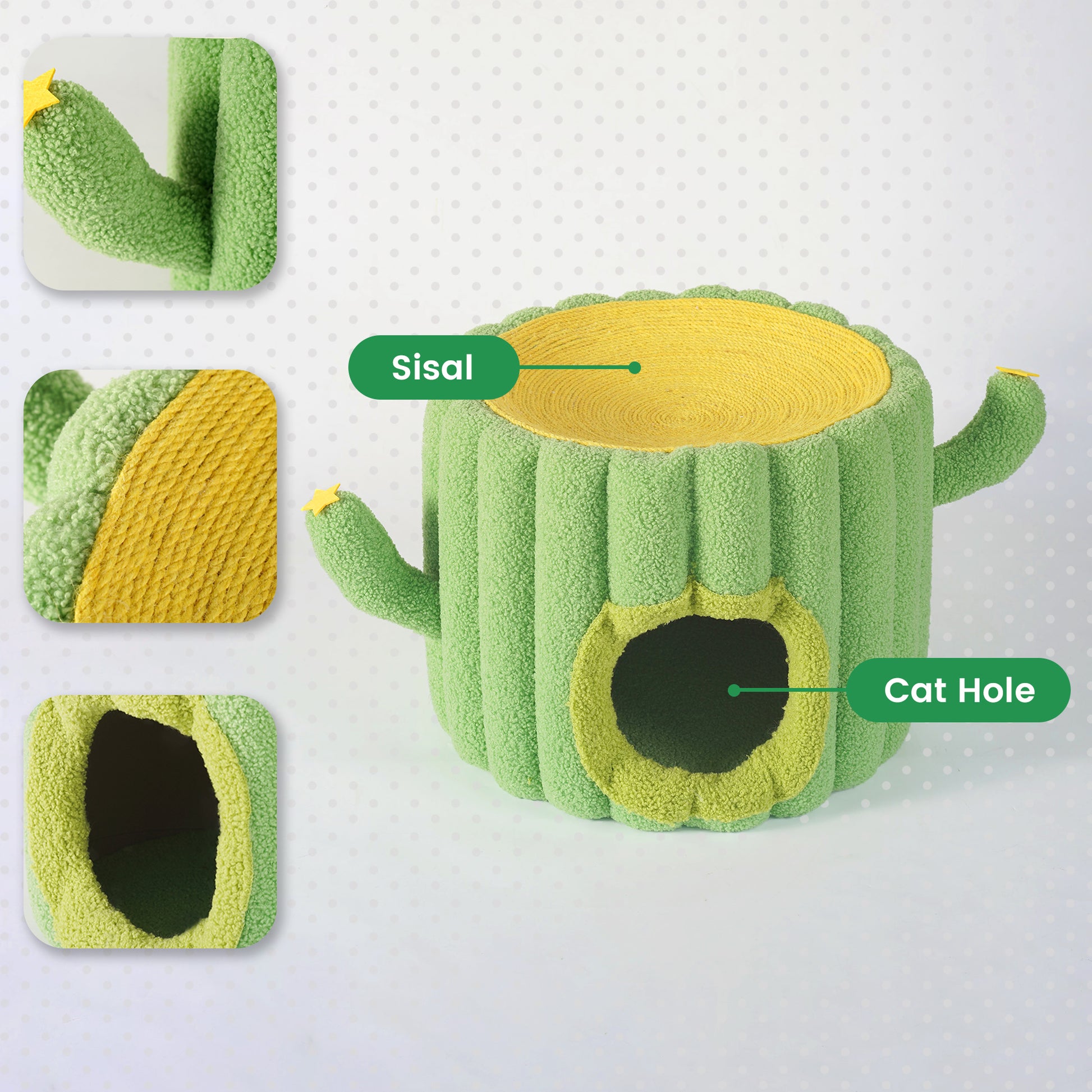 Cactus Cat Cave with Cozy Interior and Sisal Top - Green and Yellow