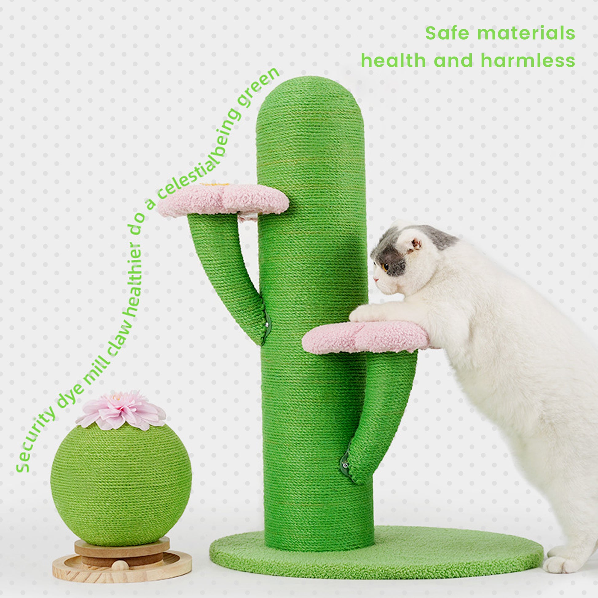 Cat Playing on Cactus Cat Scratching Post with Green and Pink Design