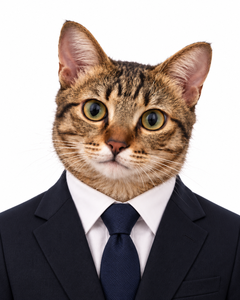 EGG BURGER, MewPurr founder, in an imagined business portrait based on his real photograph.
