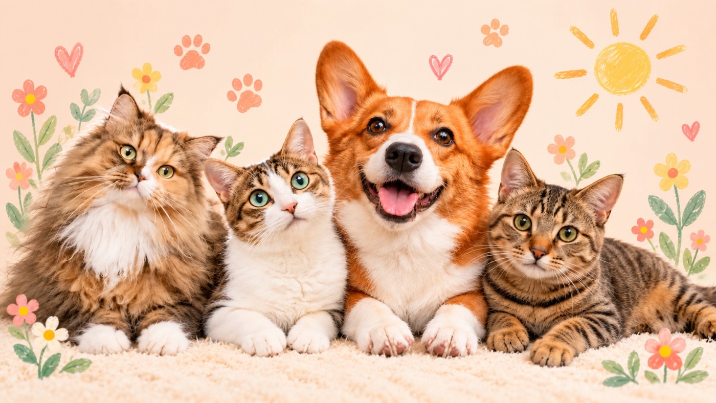 MewPurr’s three cats and corgi together in a warm peach studio.