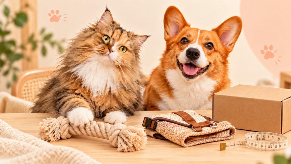 MewPurr’s longhair cat and corgi beside a sample desk. A playful brand illustration.