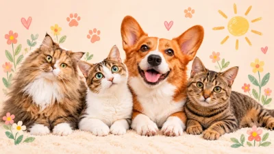 MewPurr’s three cats and corgi together in a warm peach studio.