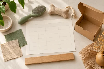 Conceptual pet product sourcing worksheet beside a generic grooming brush, fabric toy and kraft packaging