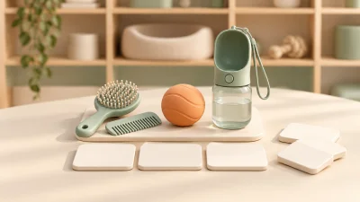 Conceptual pet accessory selection with a brush, comb, ball and water bottle beside blank planning tiles