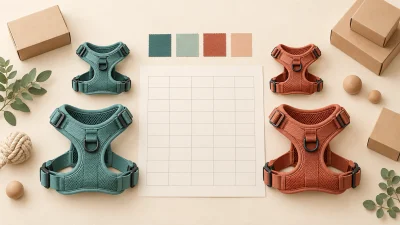 Conceptual teal and terracotta pet harnesses in two sizes beside a blank quantity planning grid